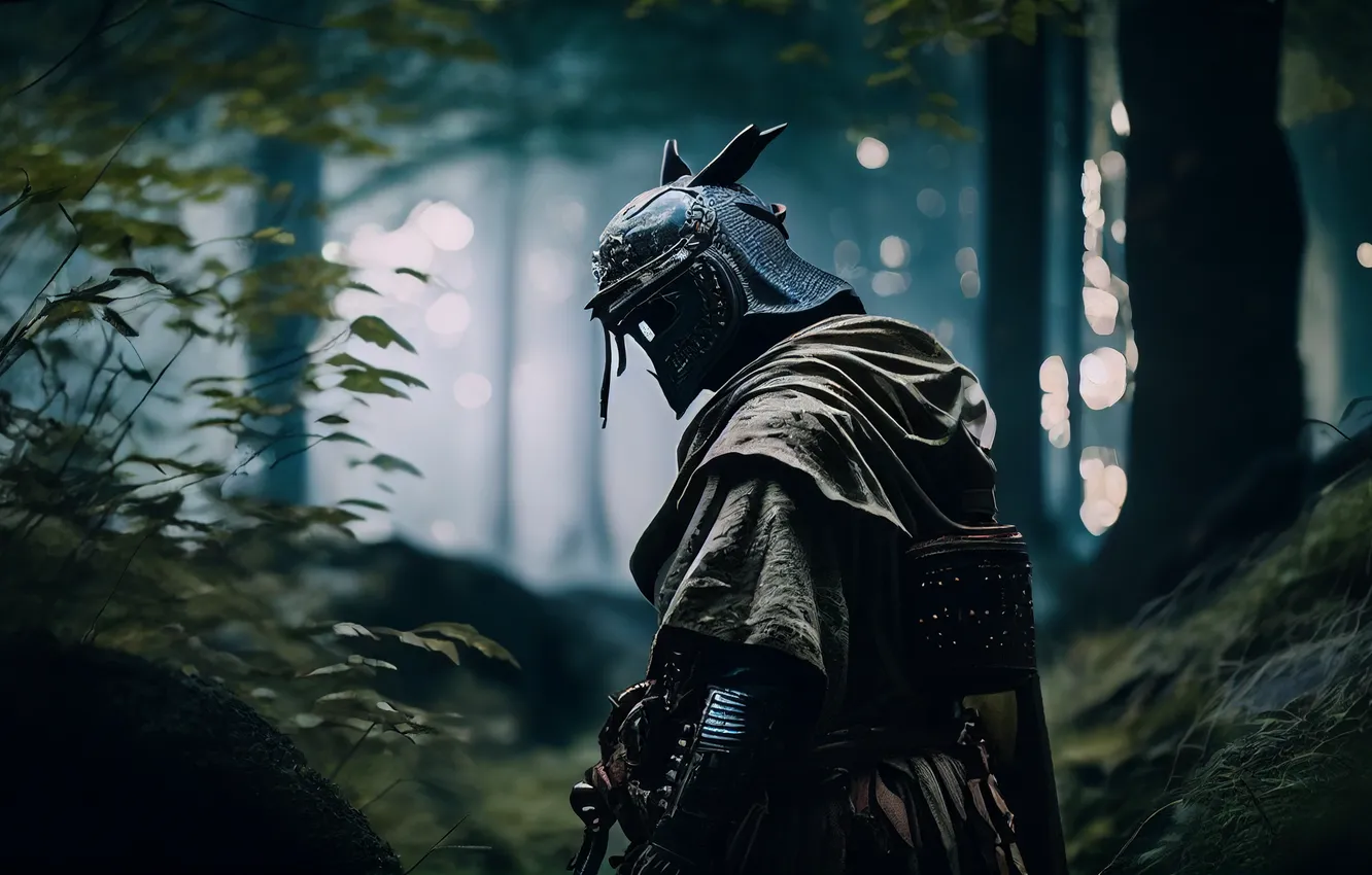 Photo wallpaper forest, armor, trees, leaves, samurai, pearls, AI Art