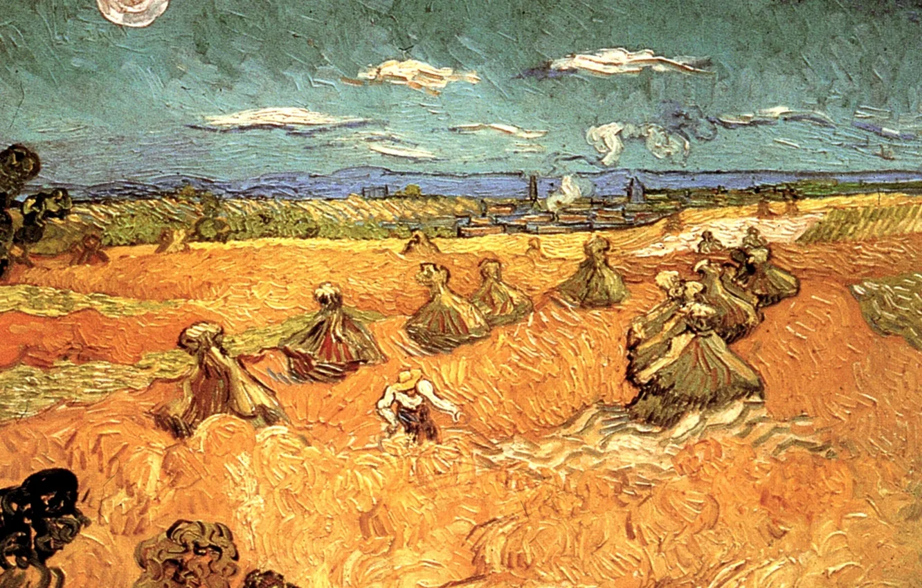 Photo wallpaper Vincent van Gogh, Wheat Stacks, with Reaper, the man in the hat