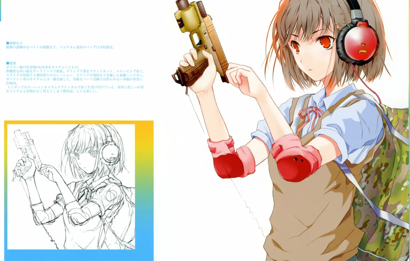Photo wallpaper gun, figure, headphones, white background, schoolgirl, backpack, art, shutter