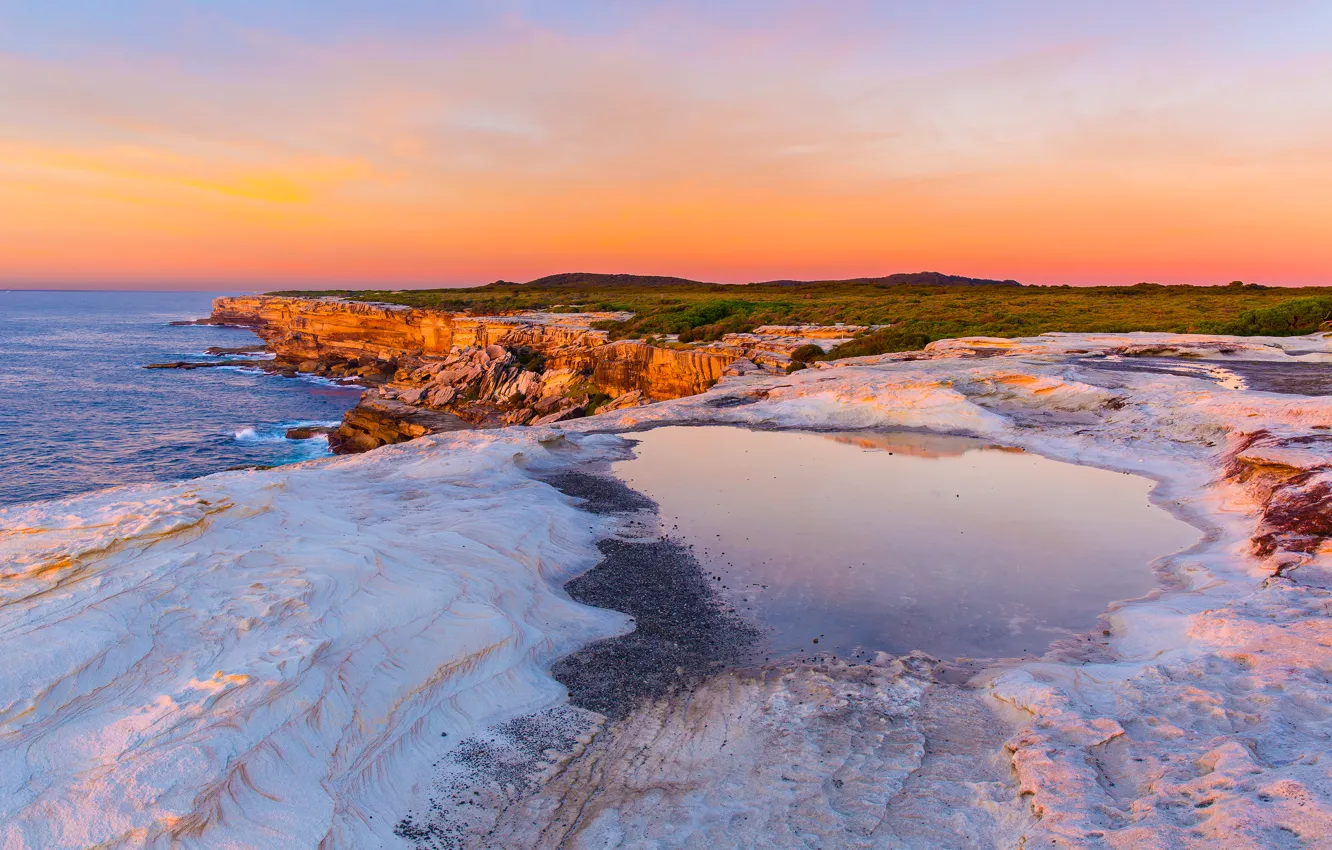Photo wallpaper sea, the sky, clouds, sunset, rocks, horizon, Australia, Australia