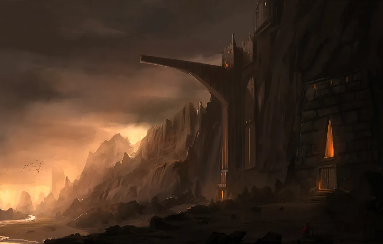 Photo wallpaper mountains, river, castle, art, fortress, traveler, blinck, scaly