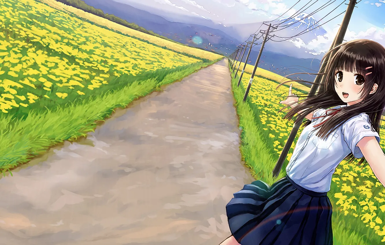 Photo wallpaper road, girl, flowers, field, mountain, art, form, schoolgirl