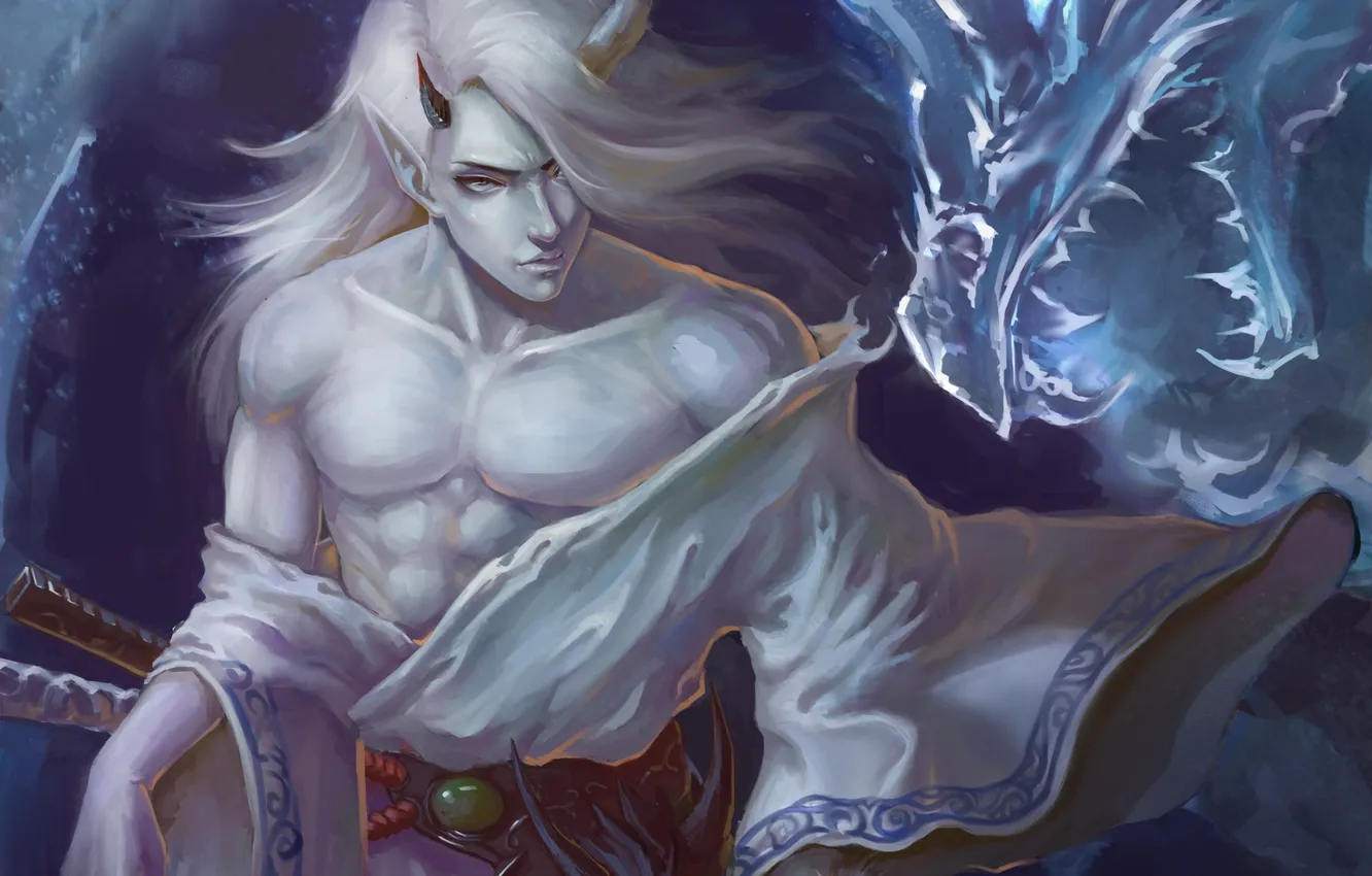Photo wallpaper dragon, art, horns, guy