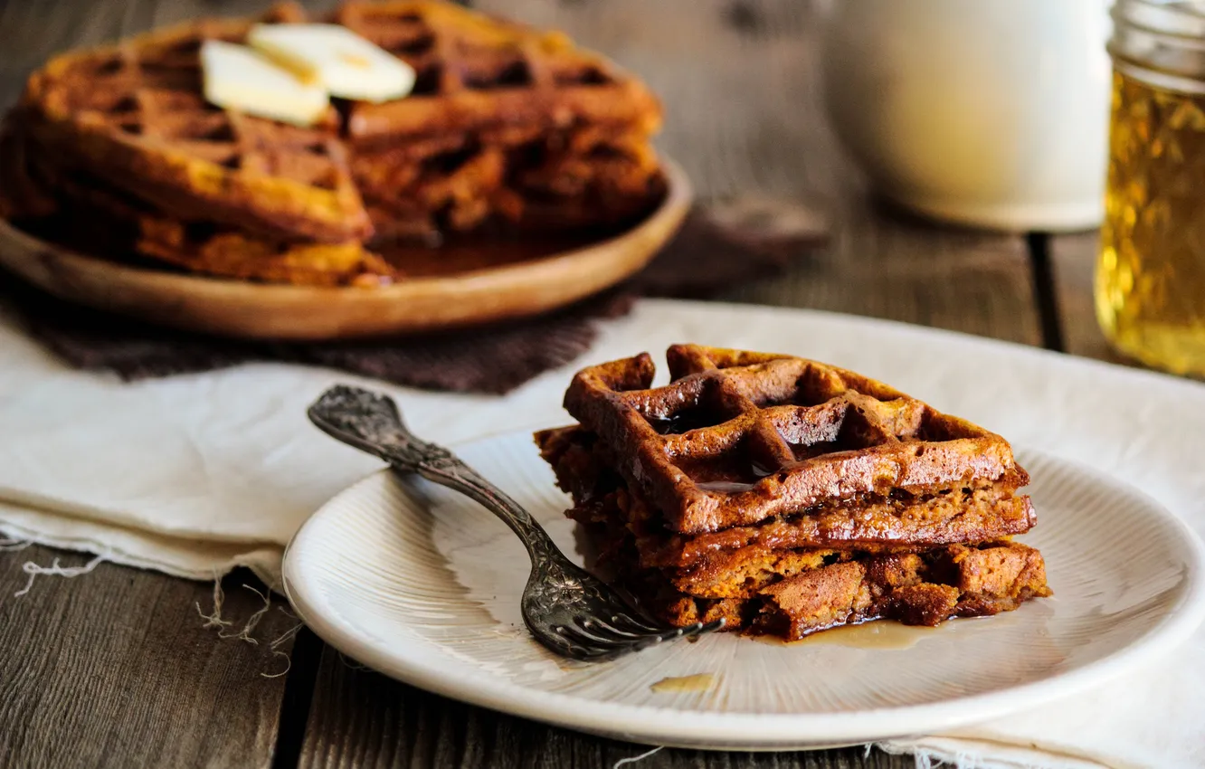 Photo wallpaper tea, oil, coffee, Breakfast, pie, honey, cake, waffles