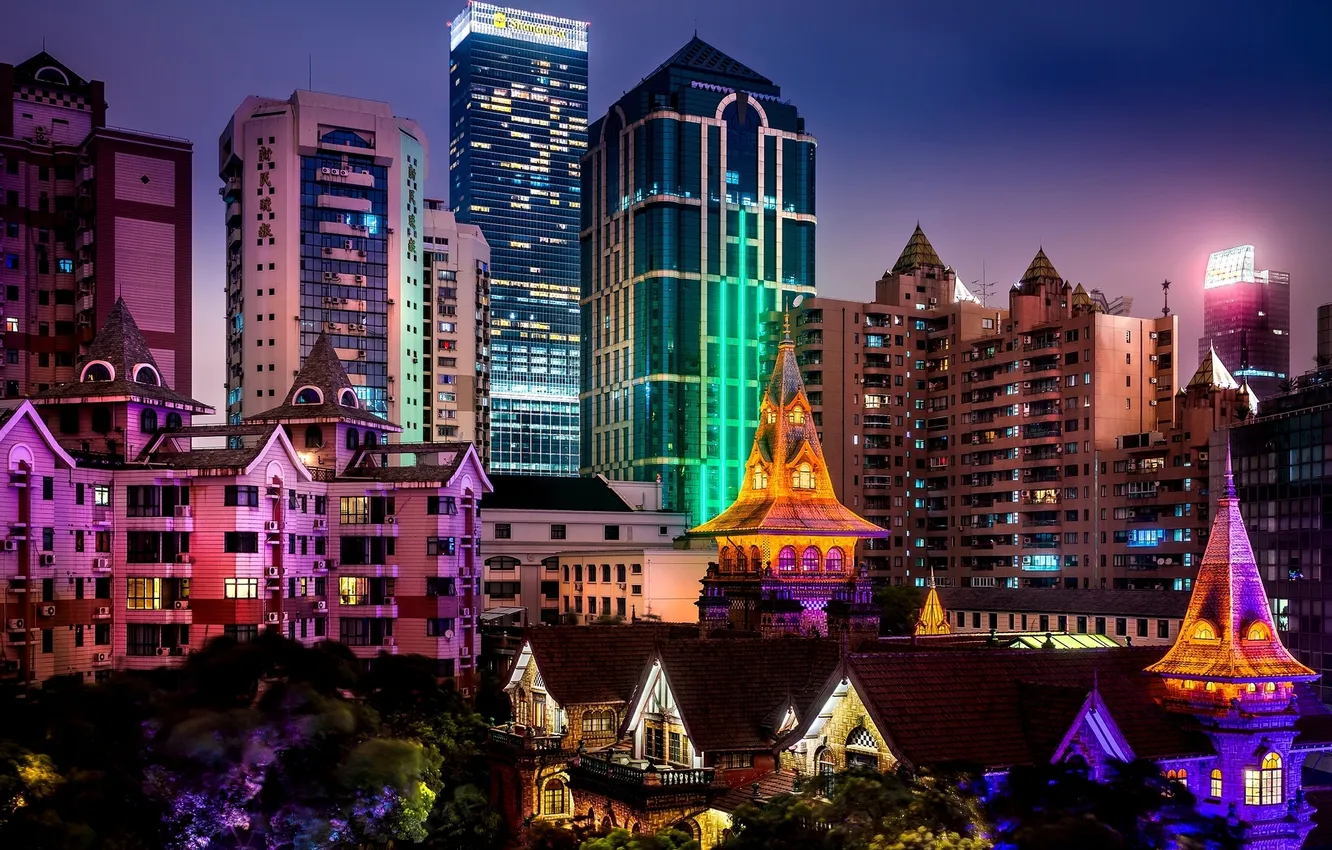 Photo wallpaper roof, trees, night, the city, lights, Asia, building, home