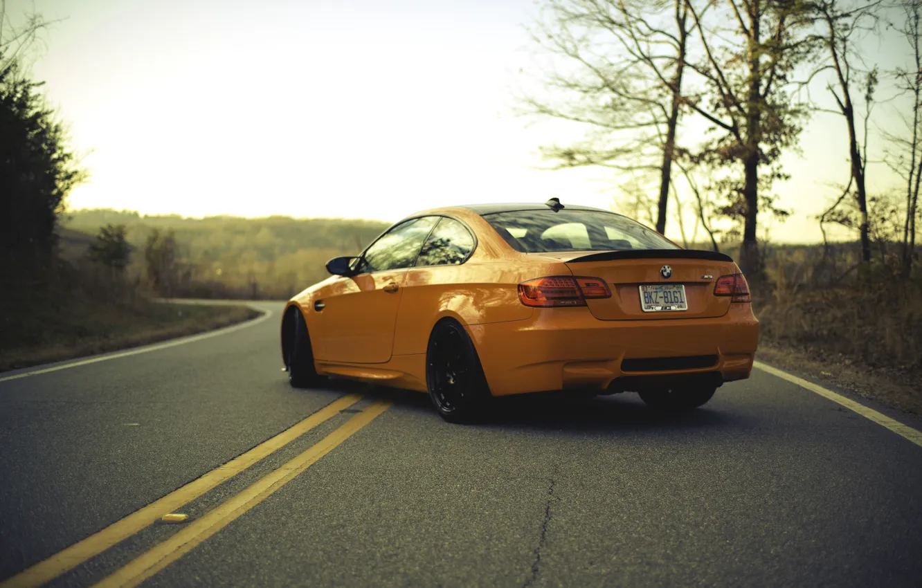 Photo wallpaper road, orange, markup, BMW, BMW, orange, back, e92