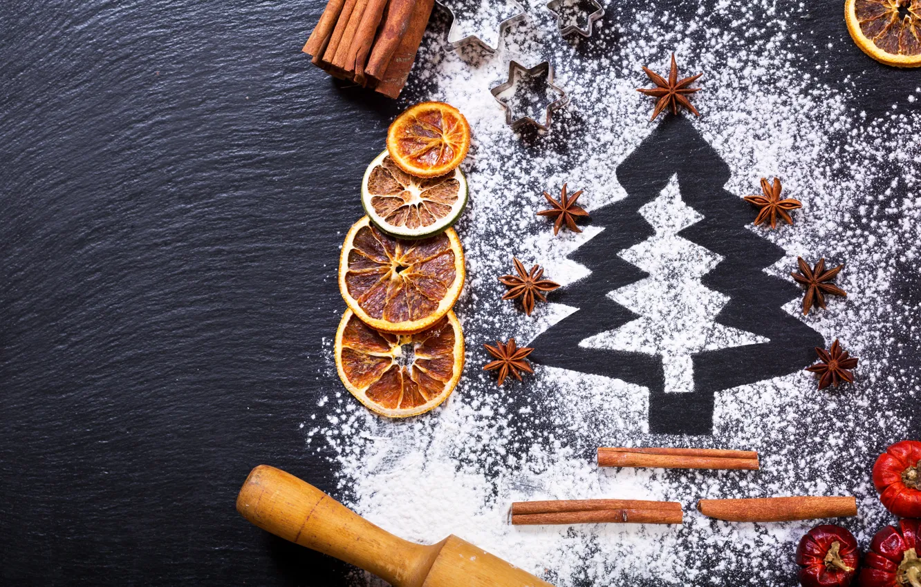 Photo wallpaper tree, new year, orange, Christmas, cinnamon, merry christmas, Xmas, flour