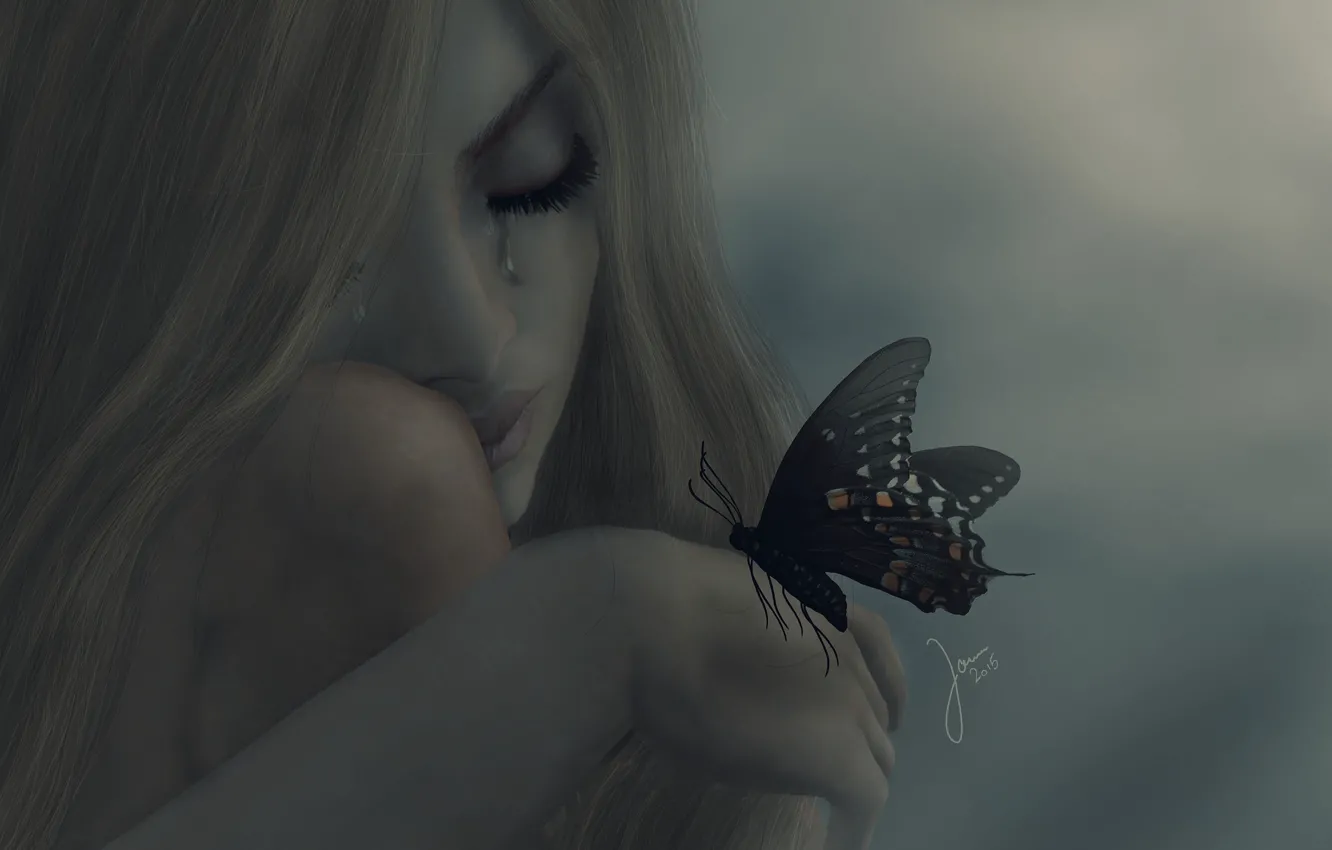 Photo wallpaper girl, mood, butterfly, tears, blonde