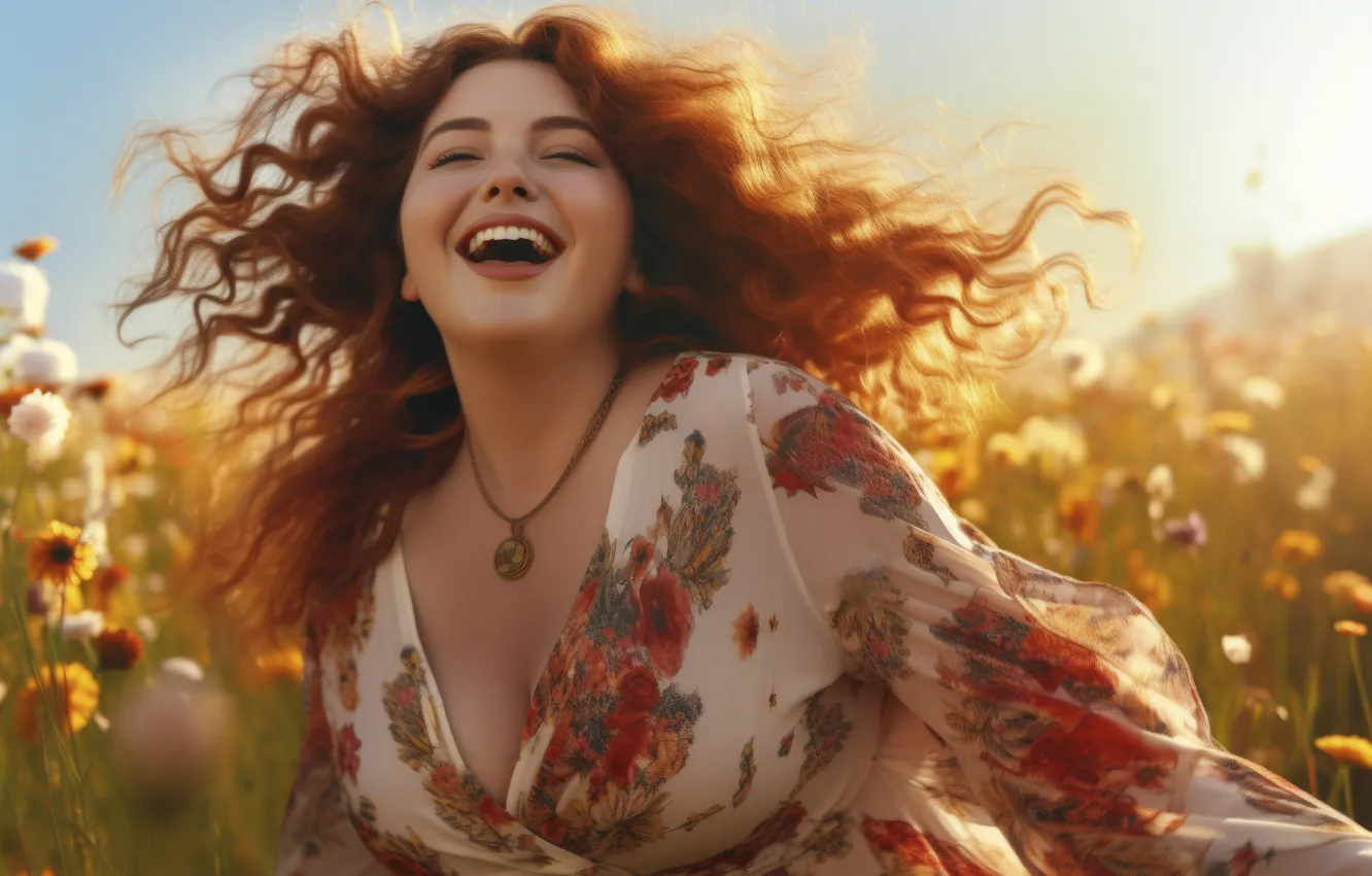 Photo wallpaper girl, joy, happiness, flowers, smile, dawn, hair, laughter