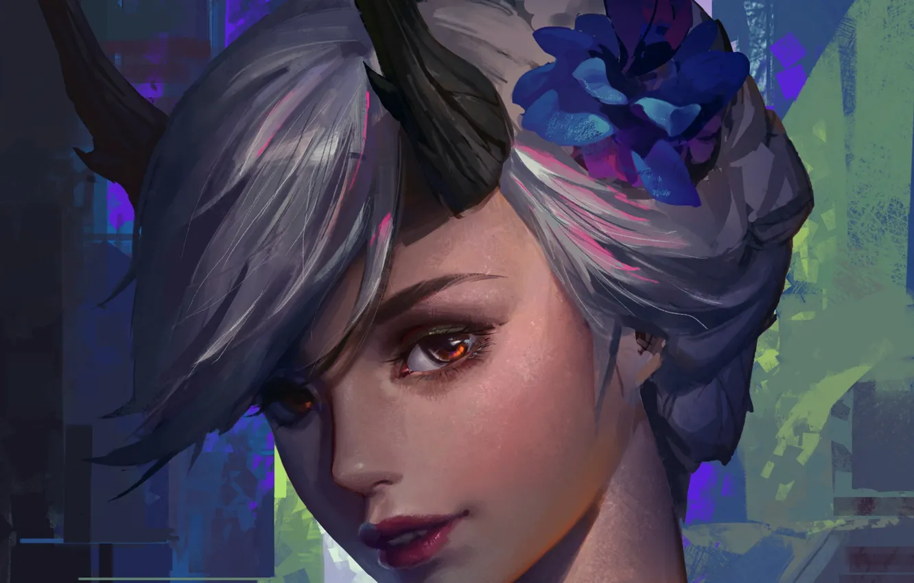 Photo wallpaper girl, fantasy, flower, horns, red eyes, short hair, elf, artwork