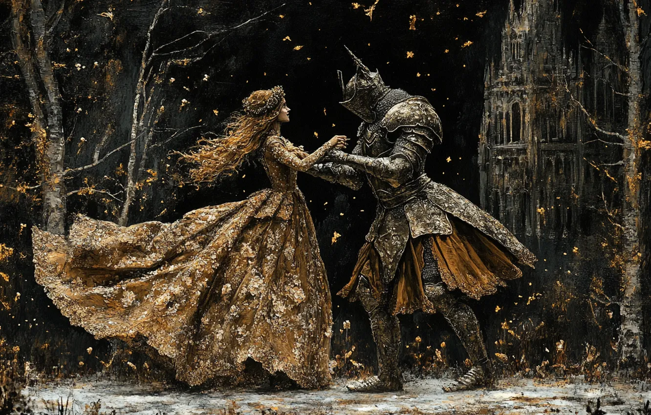 Photo wallpaper Beauty and the beast, neural network, knight, Princess, AI art, armor, dance, castle