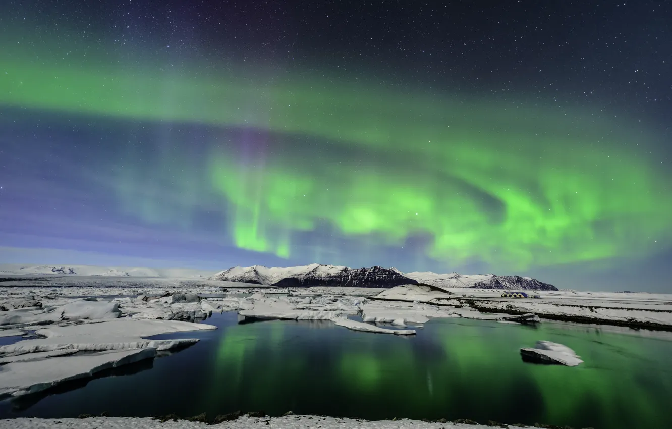 Photo wallpaper mountains, Northern lights, ice, ice, Iceland, Iceland, Glacial Lagoon