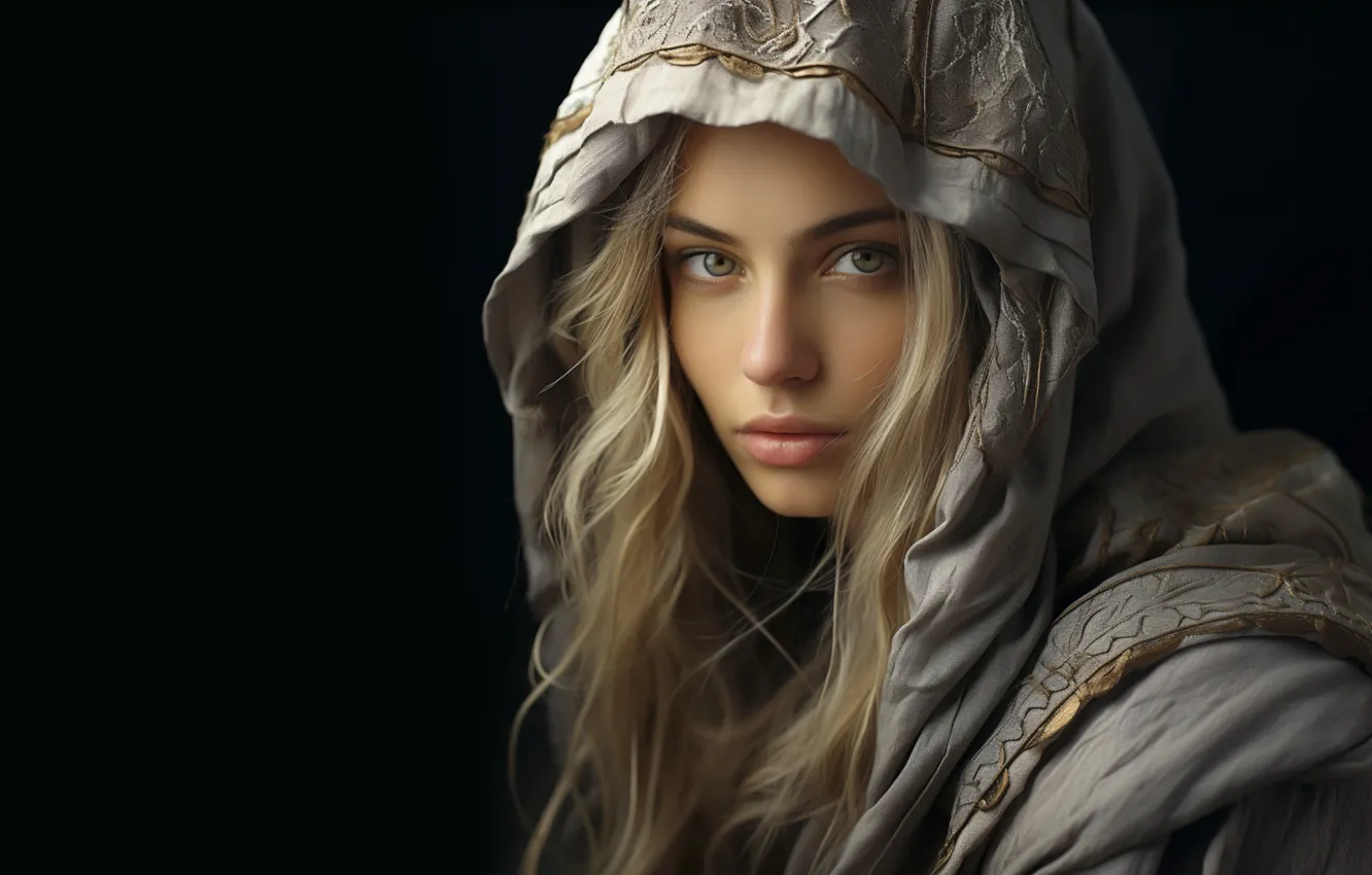 Photo wallpaper look, girl, retro, portrait, blonde, hood, black background, cloak
