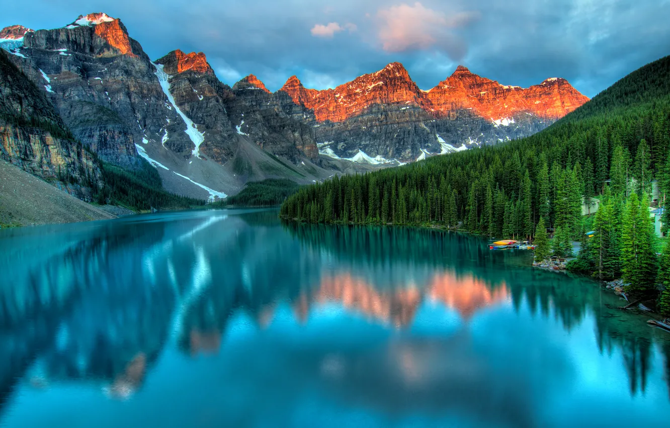 Photo wallpaper the sky, clouds, snow, trees, sunset, mountains, lake, reflection