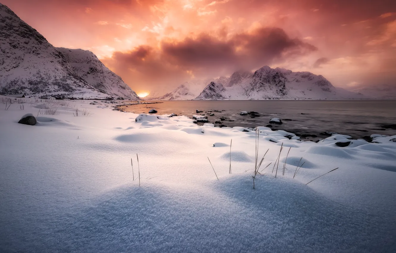 Photo wallpaper winter, clouds, snow, mountains, the evening, Norway, North