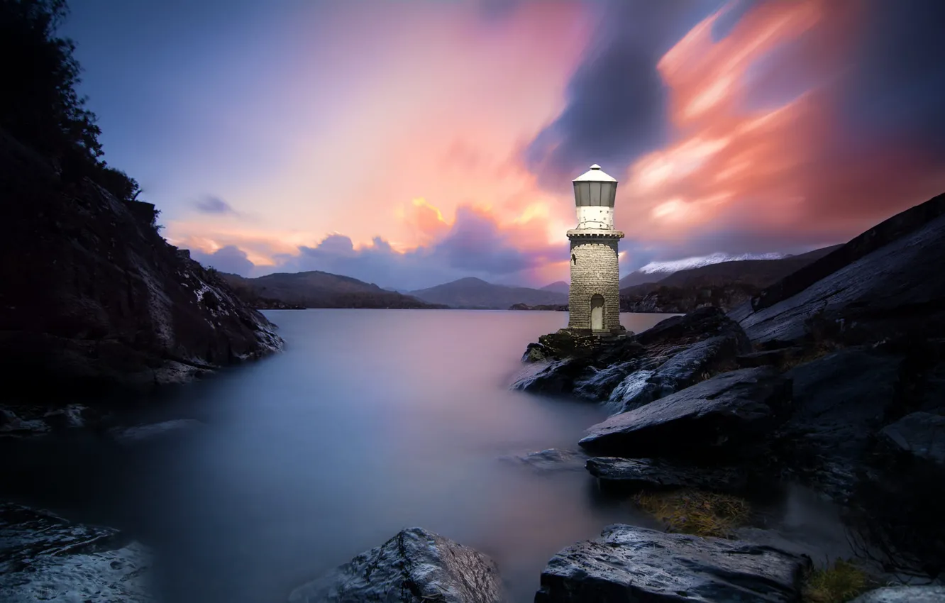 Photo wallpaper landscape, nature, stones, the ocean, rocks, dawn, lighthouse, morning