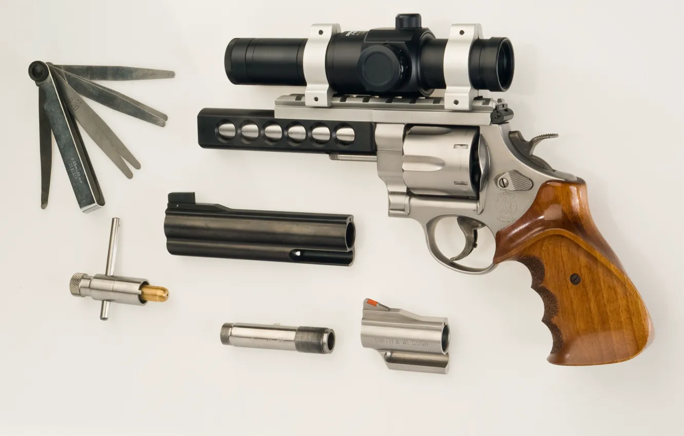 Photo wallpaper gun, optics, trunk, revolver, nozzle