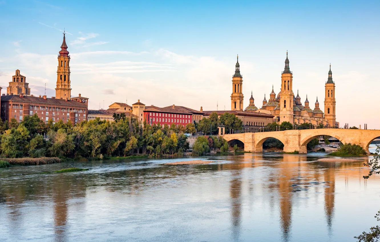 Photo wallpaper bridge, river, home, Spain, Zaragoza, Our Lady of the Pillar, Nuestra Señora del Pilar, The …