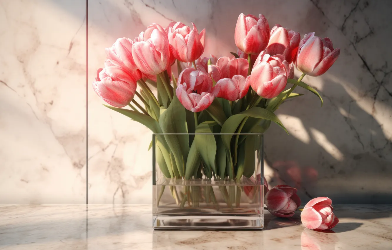 Photo wallpaper flowers, bouquet, spring, tulips, pink, AI art, neural network