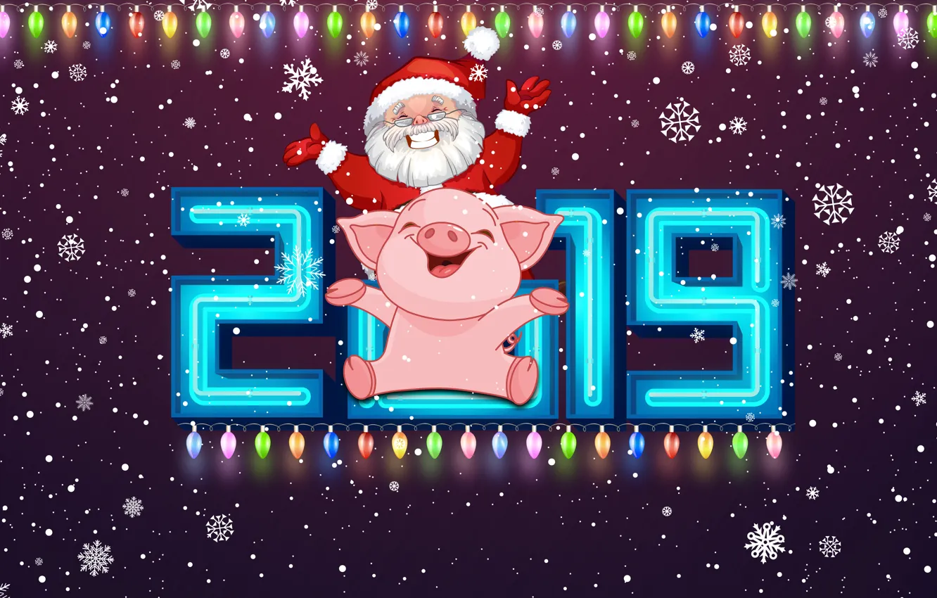 Photo wallpaper Winter, Pig, Snow, Christmas, Snowflakes, Background, New year, Holiday