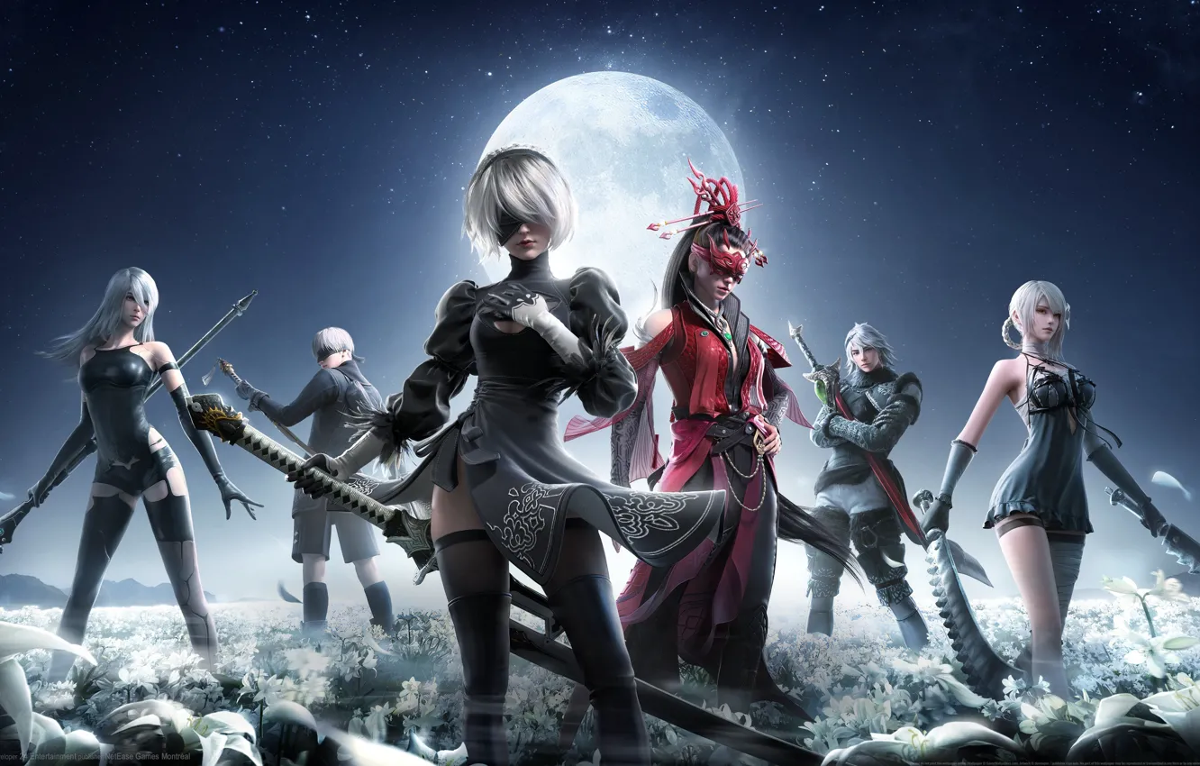 Photo wallpaper sword, Moon, sky, weapon, night, flowers, short hair, stars