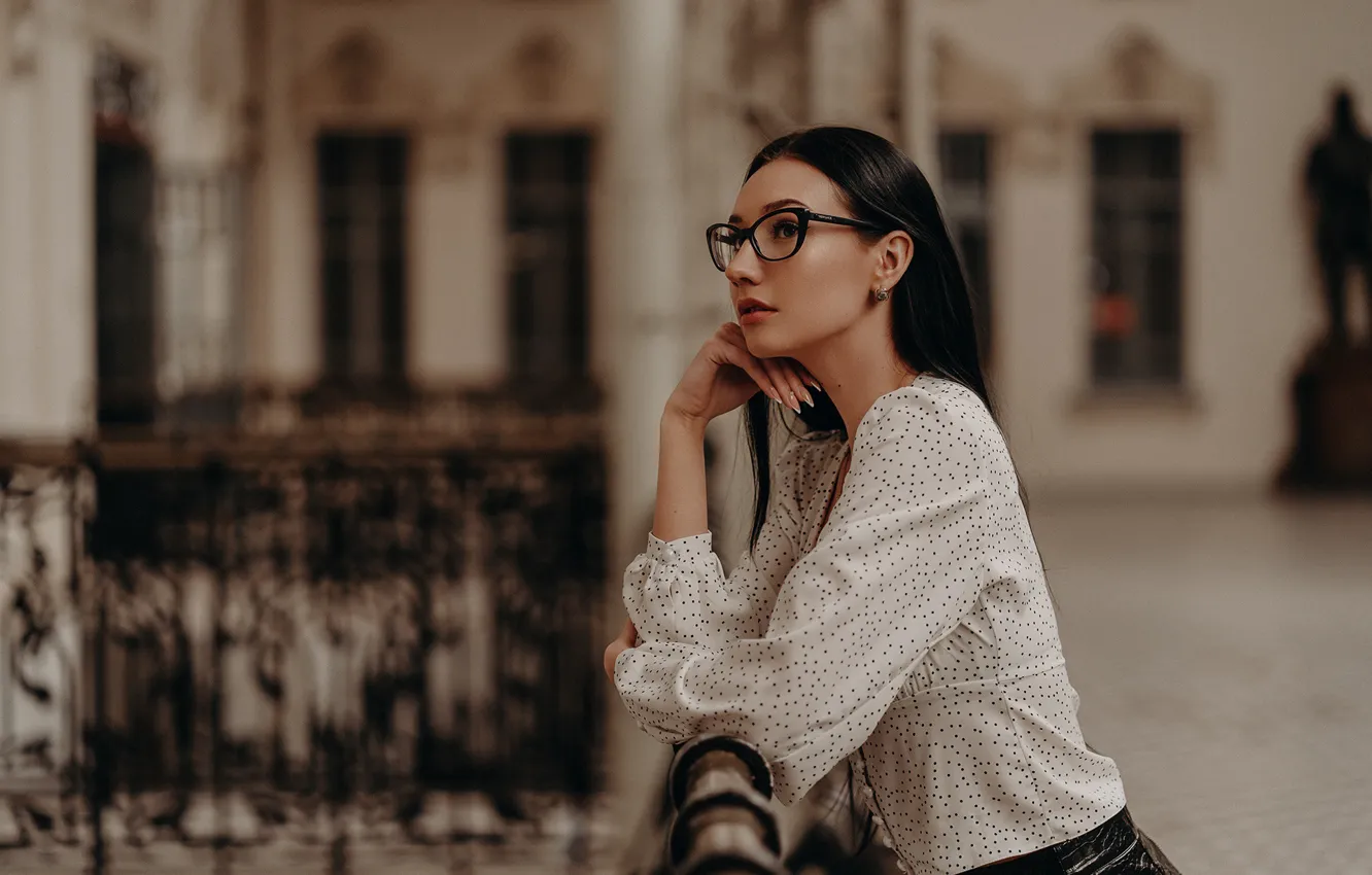 Photo wallpaper girl, pose, mood, hands, brunette, glasses, blouse, Albina Ponomareva