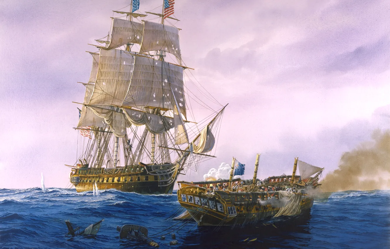 Photo wallpaper sea, wave, the sky, clouds, ship, sailboat, picture, art