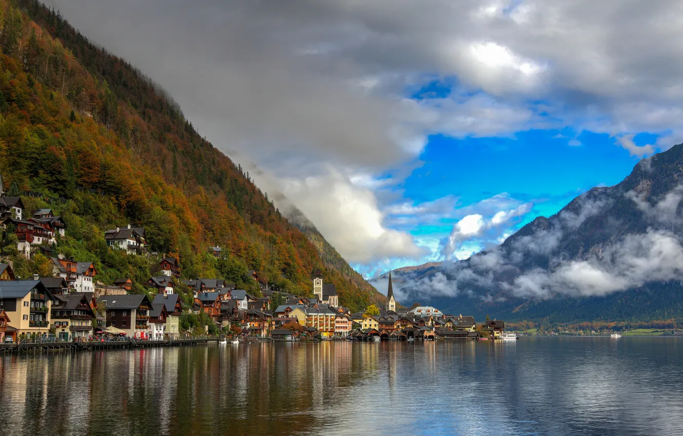 Photo wallpaper clouds, mountains, lake, Austria, Hallstatt