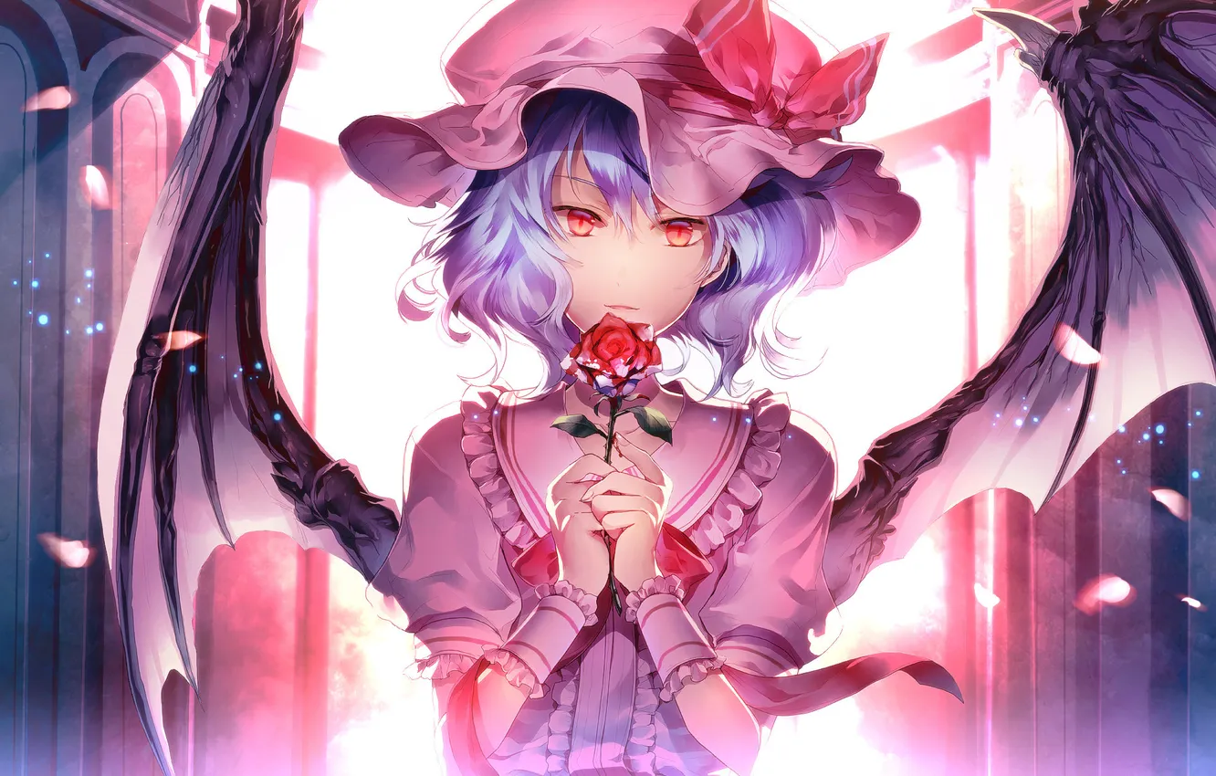 Photo wallpaper flower, look, girl, light, rose, wings, petals, the demon