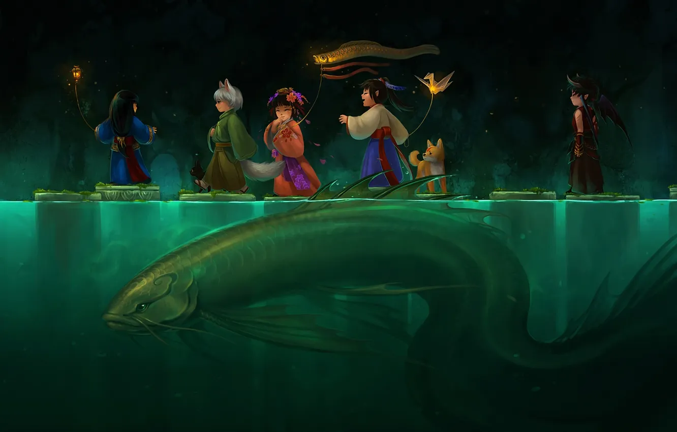 Photo wallpaper cat, river, figure, Japan, art, lights, night dog, children of the beast