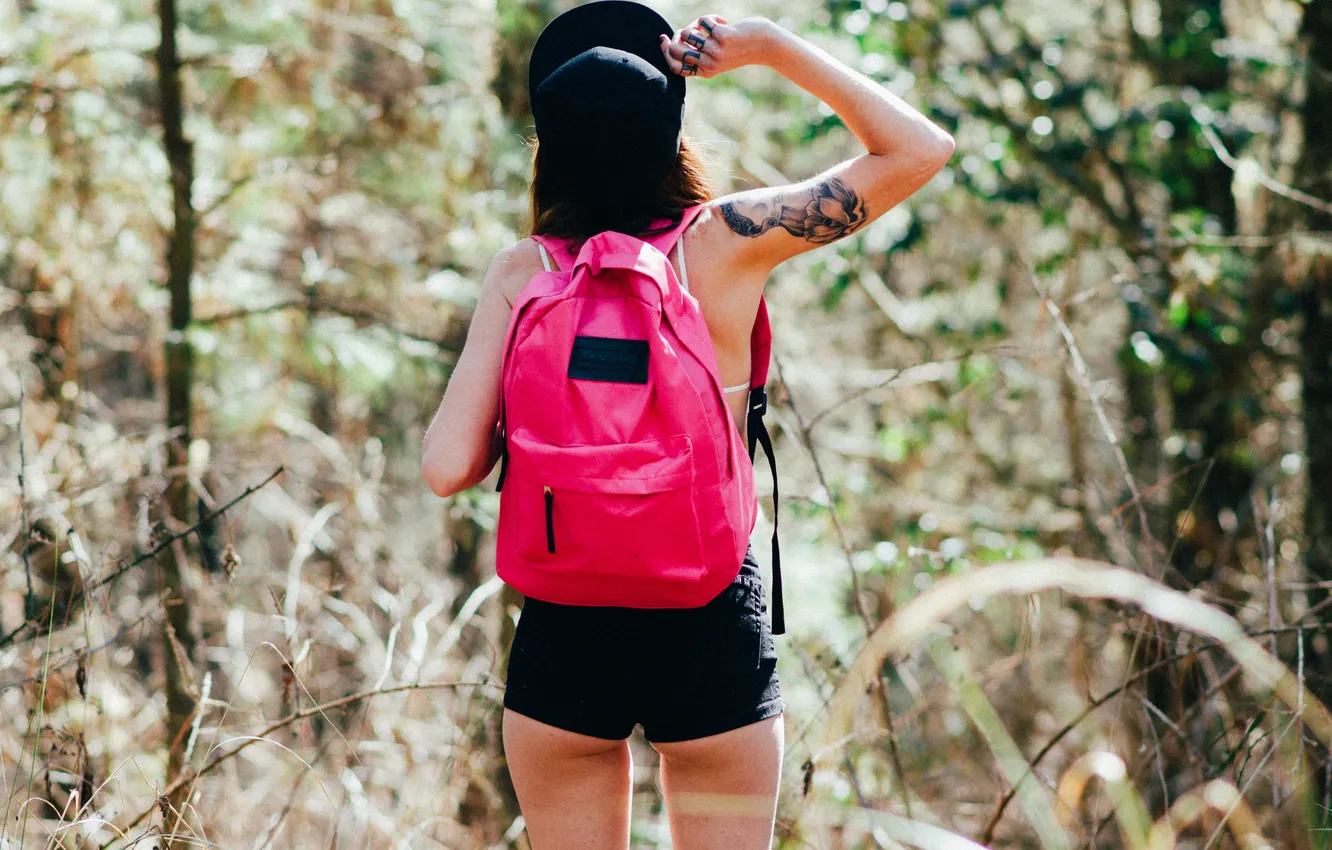 Photo wallpaper girl, shorts, tattoo, backpack