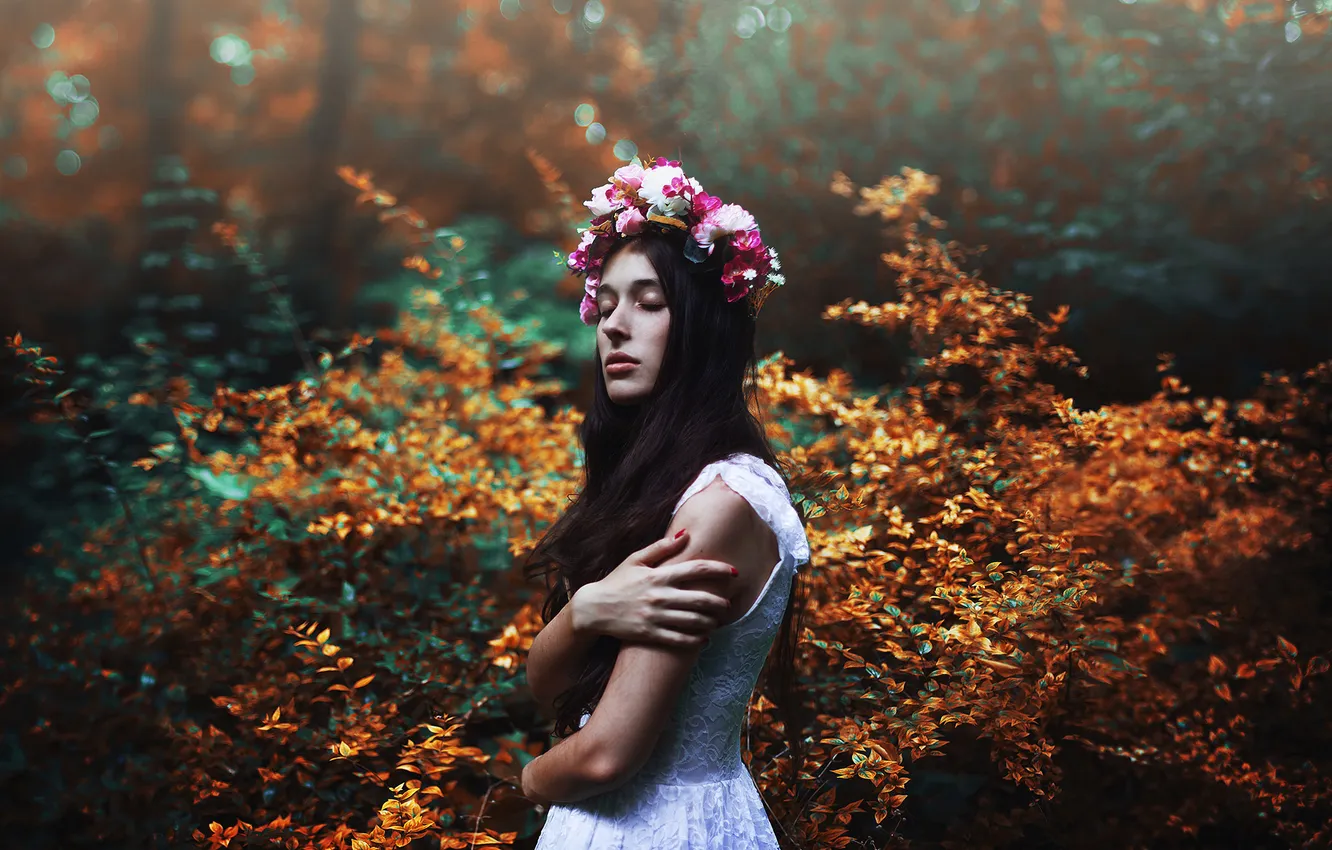 Photo wallpaper forest, girl, the sun, hair, white dress, a crown of flowers