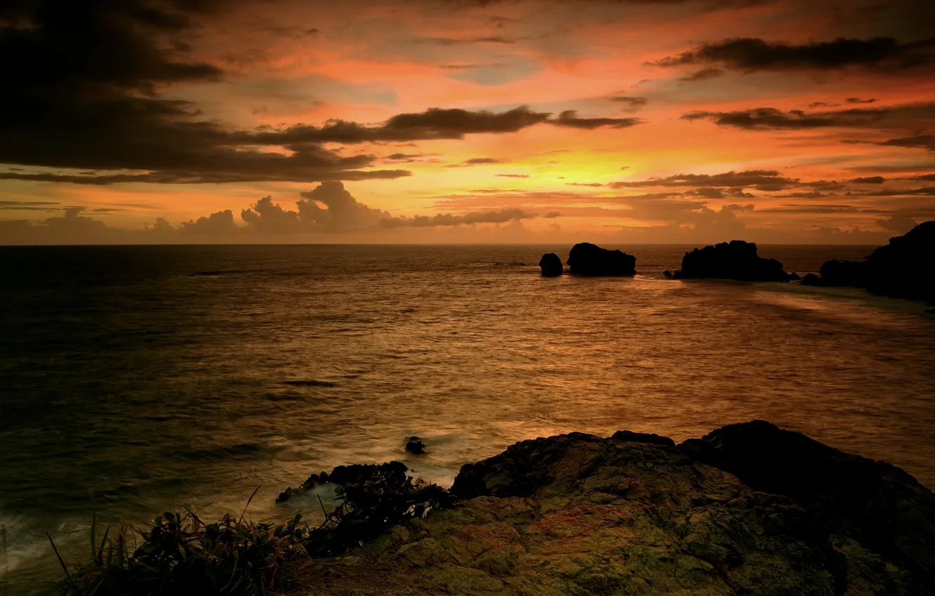 Photo wallpaper sea, the sky, water, clouds, sunset, stones, the ocean, rocks