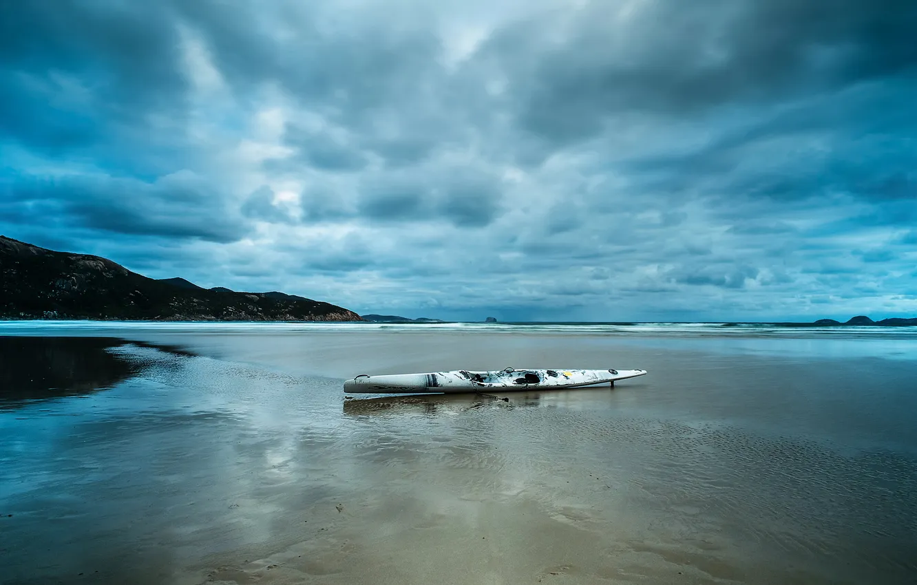 Photo wallpaper sea, beach, clouds, clouds, tide, kayak