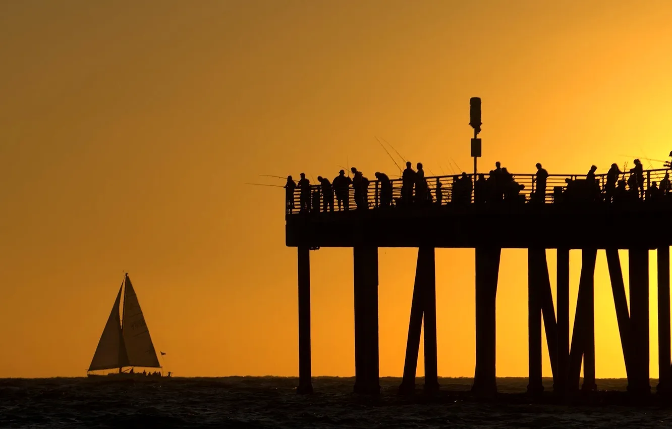 Photo wallpaper sea, the sky, sunset, boat, people, fisherman, silhouette, pierce