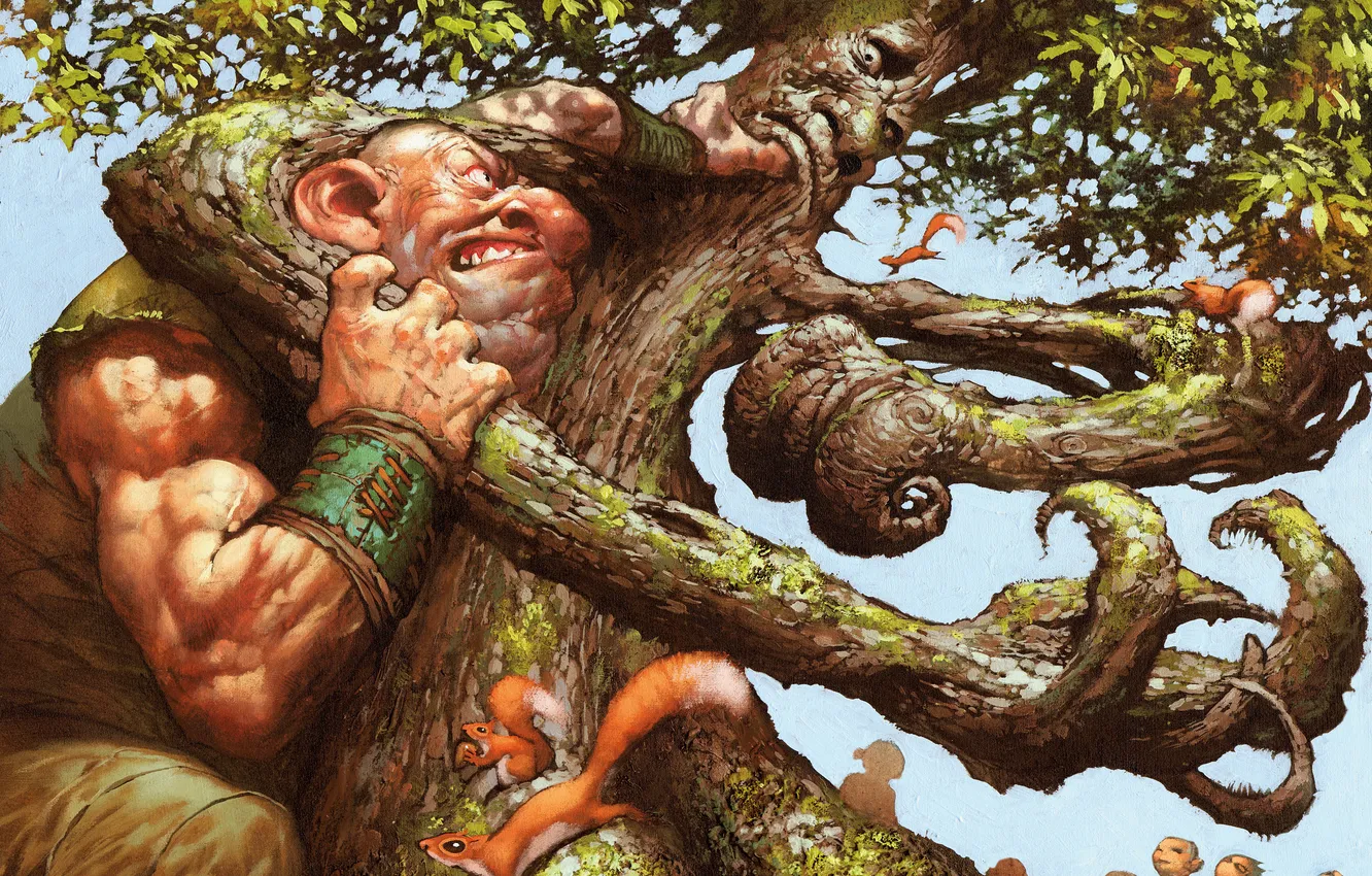 Photo wallpaper trees, figure, fight, giant, proteins