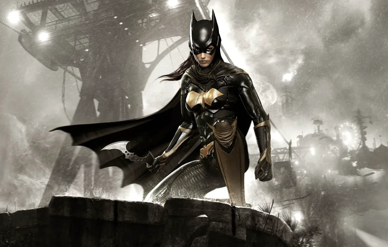 Photo wallpaper the sky, look, girl, clouds, hair, armor, equipment, Batgirl
