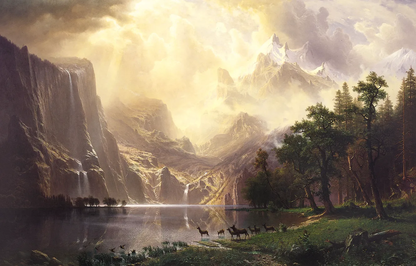 Photo wallpaper forest, the sky, landscape, mountains, lake, waterfall, deer, Bierstadt