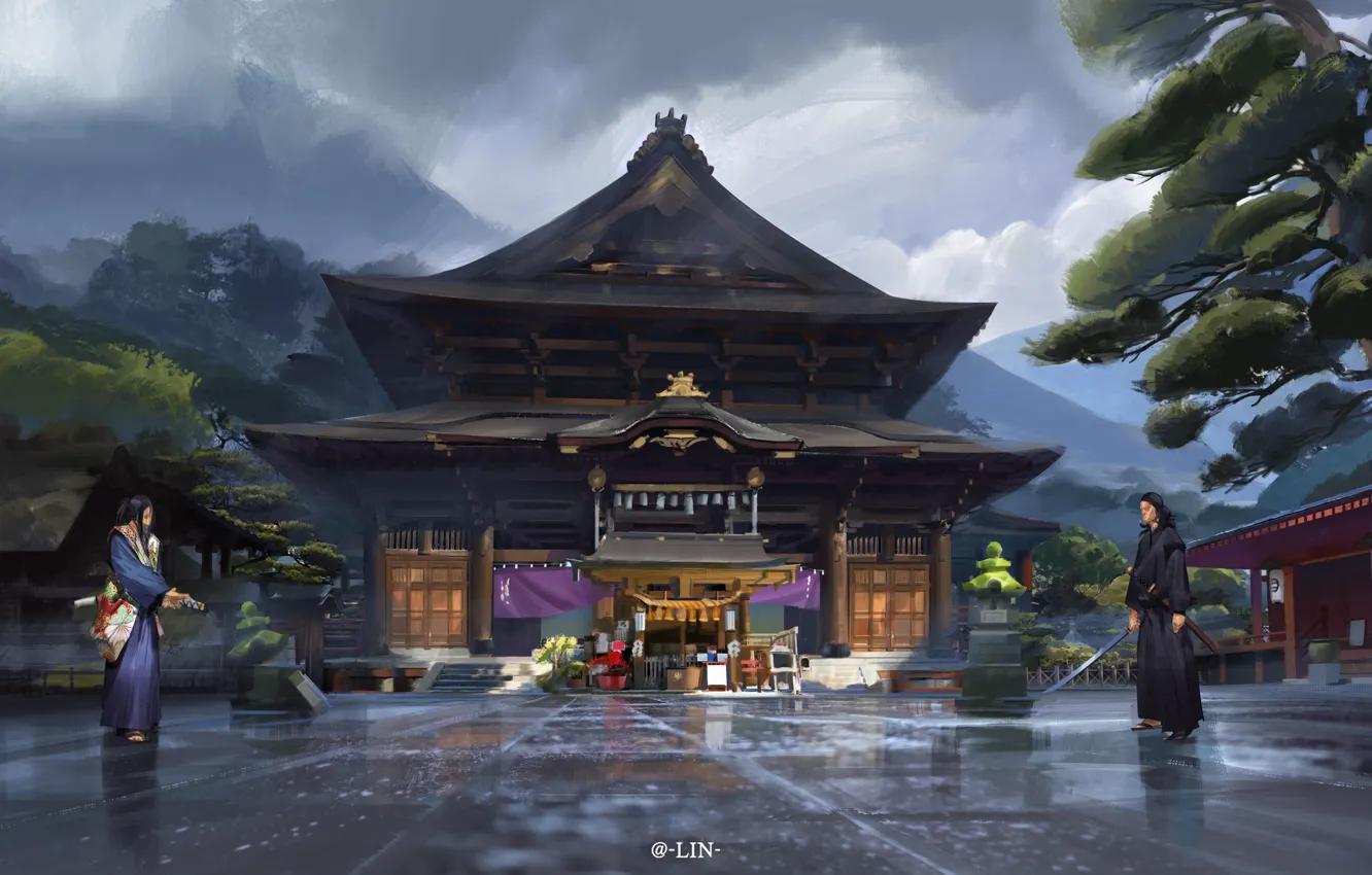 Photo wallpaper Japan, area, temple, duel, Japan, katana, samurai, samurai