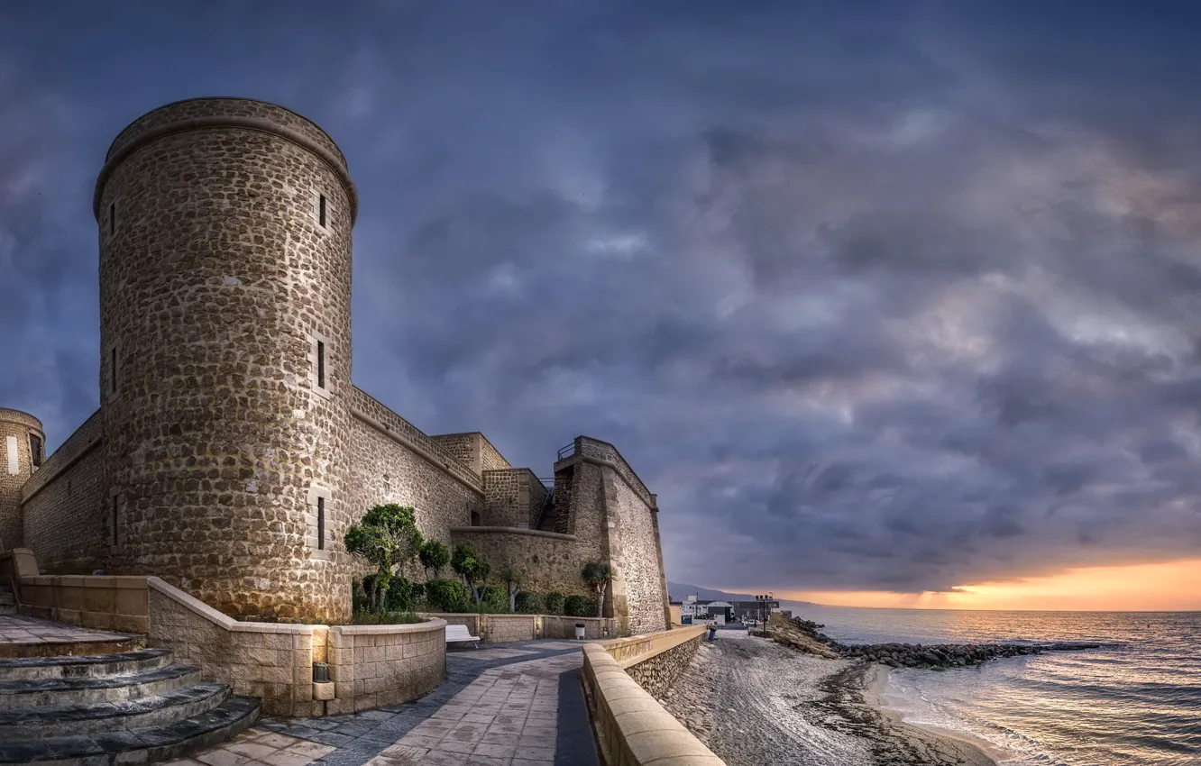 Photo wallpaper sunrise, Castle of Santa Ana, Port of Roquetas de Mar, Blas Fuentes