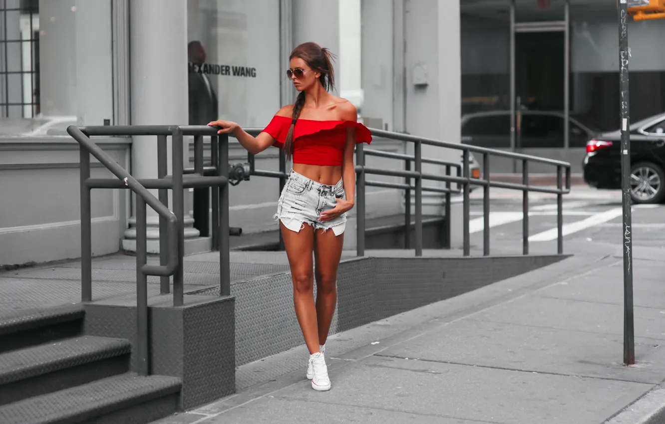 Photo wallpaper girl, sweetheart, model, shorts, glasses, sneakers, cute, Josefine Forsberg