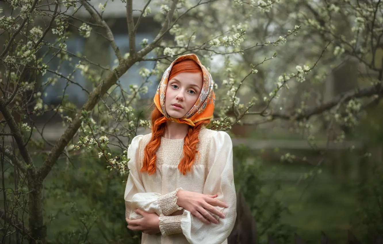Photo wallpaper look, girl, trees, flowers, branches, face, pose, pond