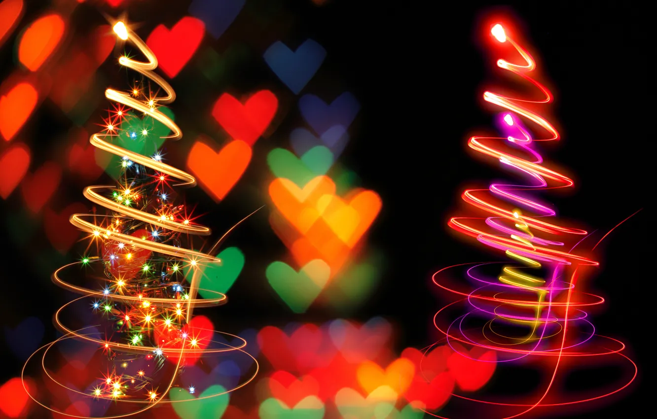 Photo wallpaper tree, spiral, lights, hearts, bokeh