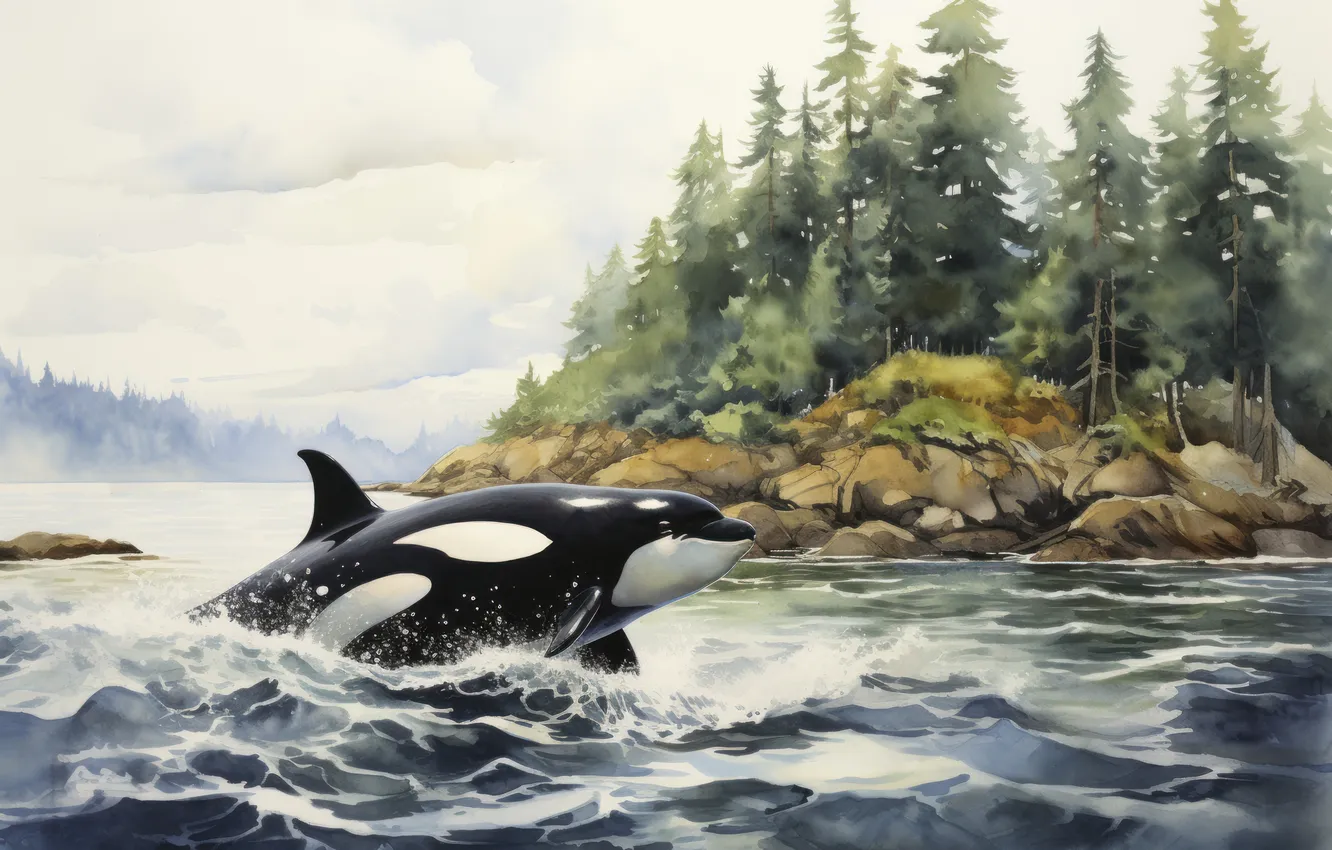 Photo wallpaper sea, trees, whale, digital art, imitation painting, AI art, The Art of Artificial Intelligence, neural …