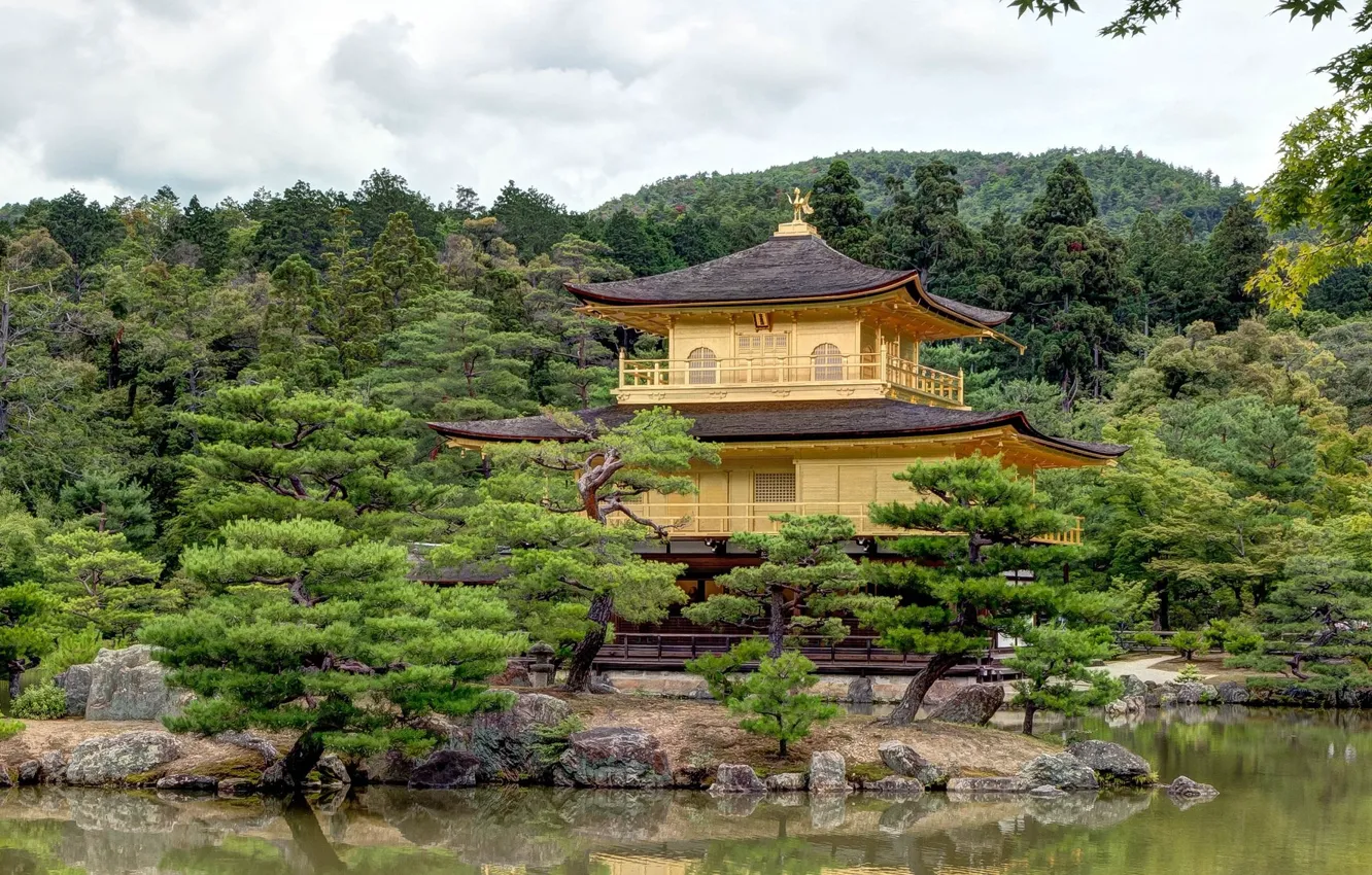 Photo wallpaper lake, Park, castle, Japan, gold, Kyoto