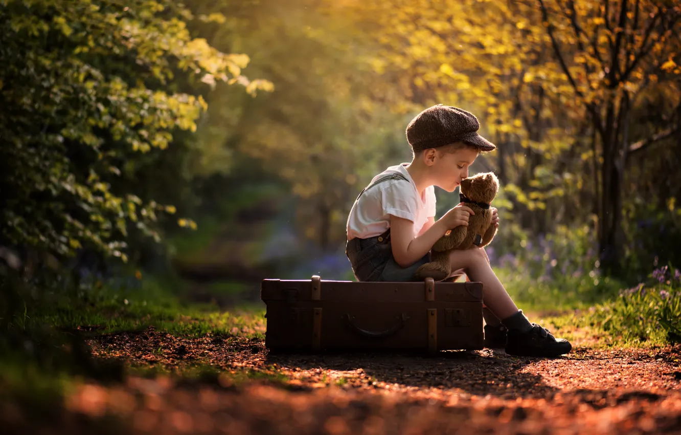 Photo wallpaper nature, mood, toy, boy, cap, suitcase, Teddy bear