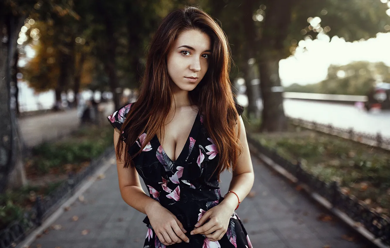 Photo wallpaper chest, girl, trees, dress, neckline, Mikhail YEKIM