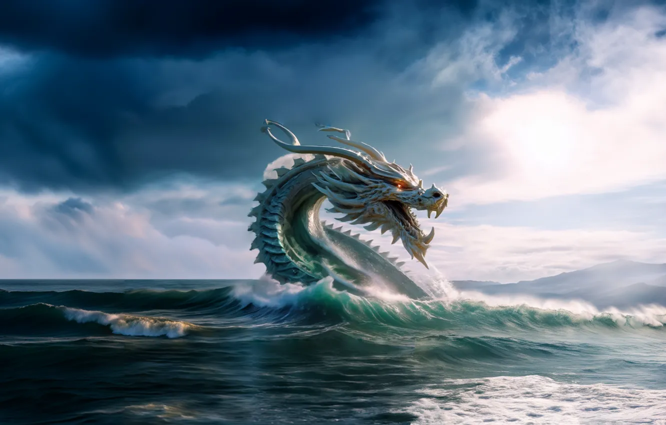 Photo wallpaper sea, wave, landscape, nature, dragon, fantasy, Sea dragon, fantasy art