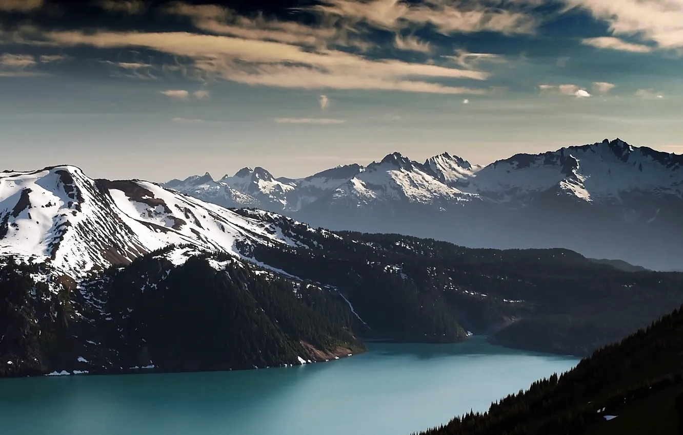 Photo wallpaper forest, snow, mountains, lake