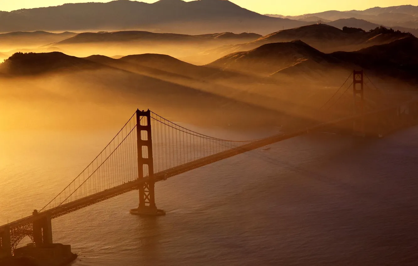 Photo wallpaper lights, USA, Golden Gate Bridge, sea, ocean, landscape, bridge, sunset